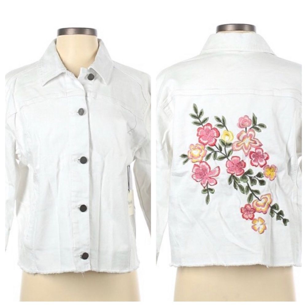 Rafaella Weekend floral Embroidery white denim 3/4 sleeved jacket sz Large